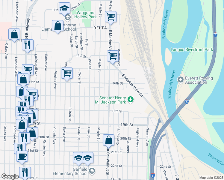 map of restaurants, bars, coffee shops, grocery stores, and more near 1613 Walnut Street in Everett