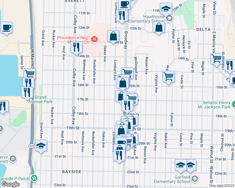 map of restaurants, bars, coffee shops, grocery stores, and more near 1619 Lombard Avenue in Everett