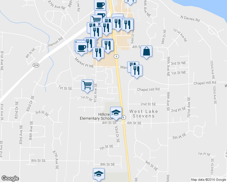 map of restaurants, bars, coffee shops, grocery stores, and more near 21 92nd Drive Southeast in Lake Stevens