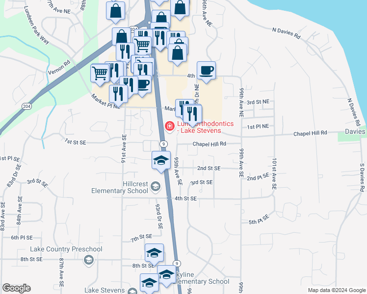 map of restaurants, bars, coffee shops, grocery stores, and more near 9504 Chapel Hill Road in Lake Stevens