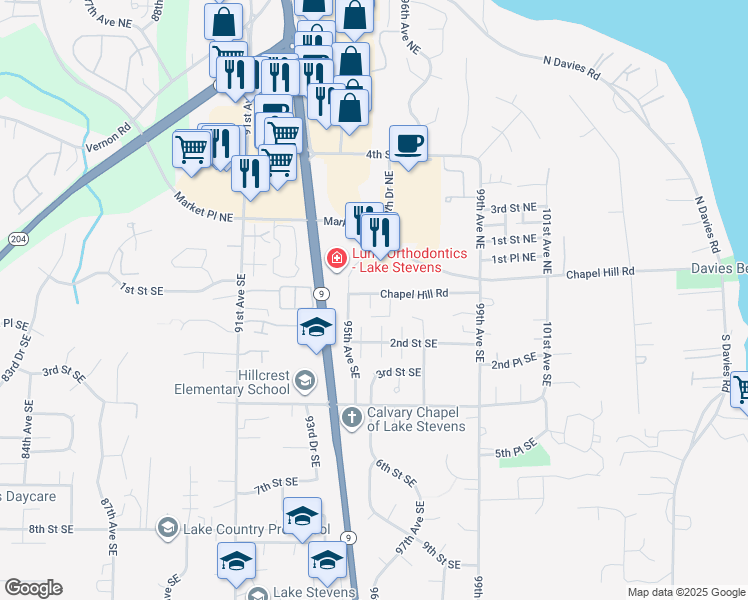 map of restaurants, bars, coffee shops, grocery stores, and more near 9516 Chapel Hill Road in Lake Stevens