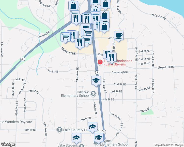 map of restaurants, bars, coffee shops, grocery stores, and more near 21 92nd Drive Southeast in Lake Stevens