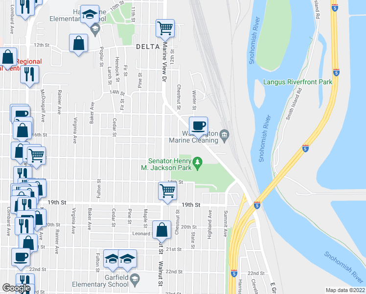 map of restaurants, bars, coffee shops, grocery stores, and more near 1619 Chestnut Street in Everett