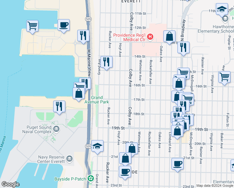 map of restaurants, bars, coffee shops, grocery stores, and more near 1625 Hoyt Avenue in Everett