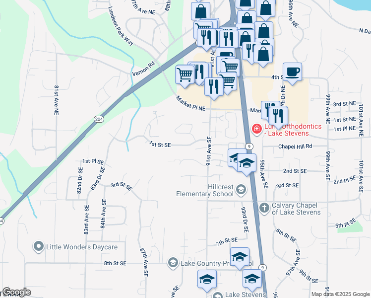 map of restaurants, bars, coffee shops, grocery stores, and more near 8918 1st Street Southeast in Lake Stevens
