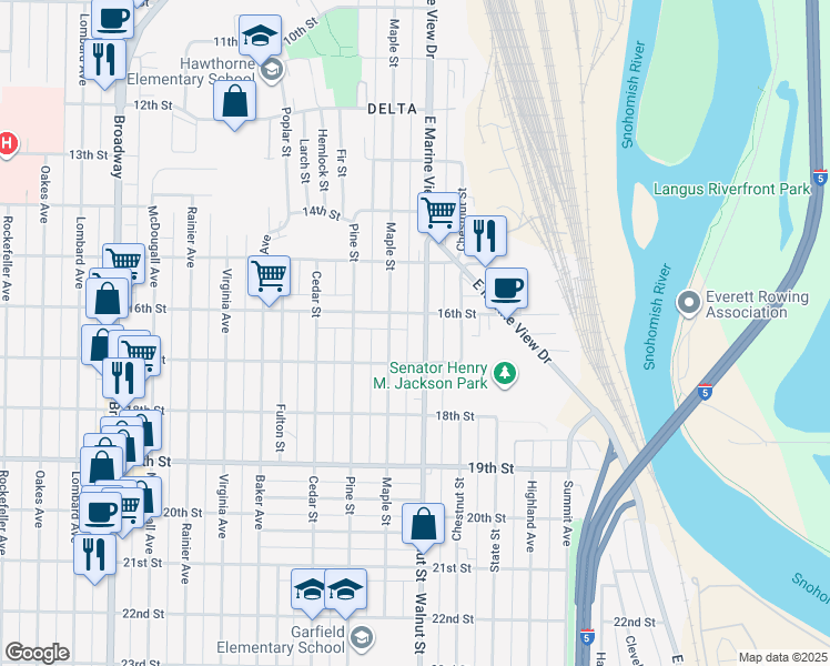 map of restaurants, bars, coffee shops, grocery stores, and more near 1619 Maple Street in Everett