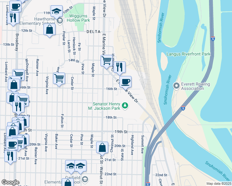 map of restaurants, bars, coffee shops, grocery stores, and more near 1619 Chestnut Street in Everett
