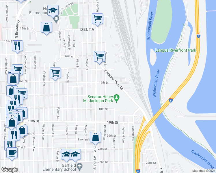 map of restaurants, bars, coffee shops, grocery stores, and more near 1619 Chestnut Street in Everett