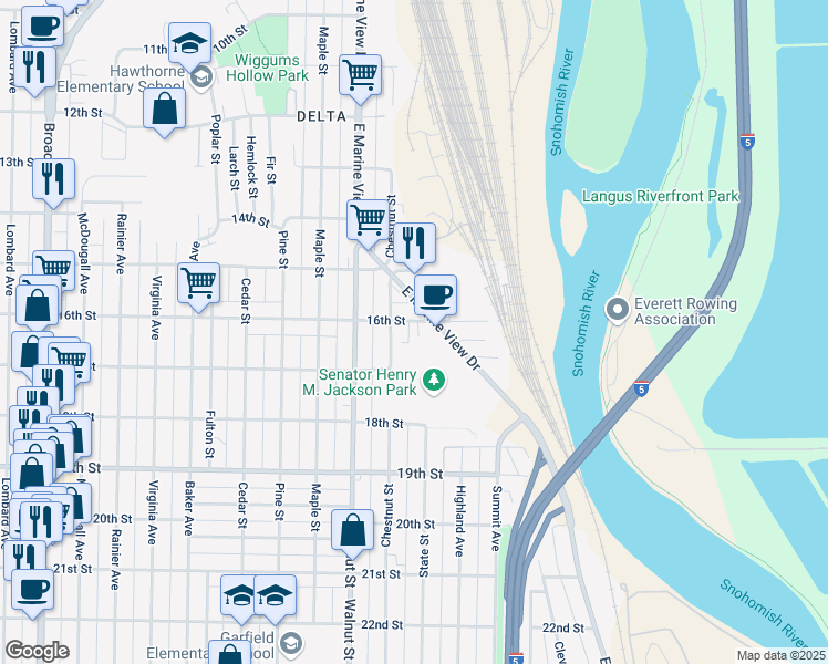 map of restaurants, bars, coffee shops, grocery stores, and more near 1619 Chestnut Street in Everett
