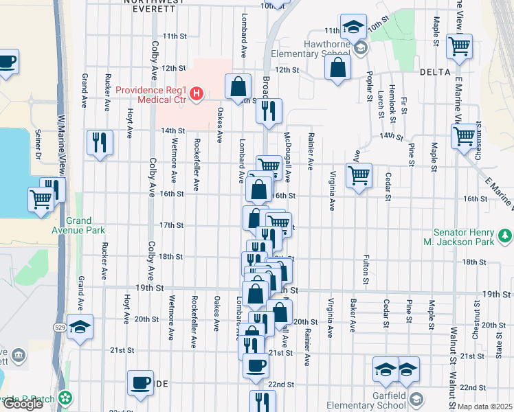 map of restaurants, bars, coffee shops, grocery stores, and more near 1619 Lombard Avenue in Everett
