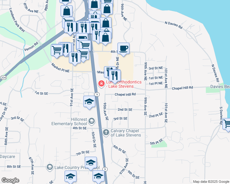 map of restaurants, bars, coffee shops, grocery stores, and more near 9523 Chapel Hill Road in Lake Stevens