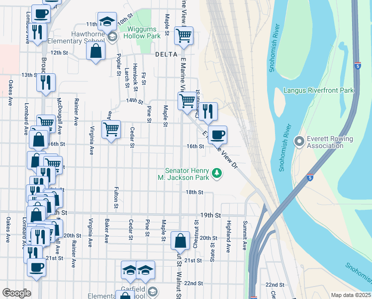 map of restaurants, bars, coffee shops, grocery stores, and more near 1613 Walnut Street in Everett