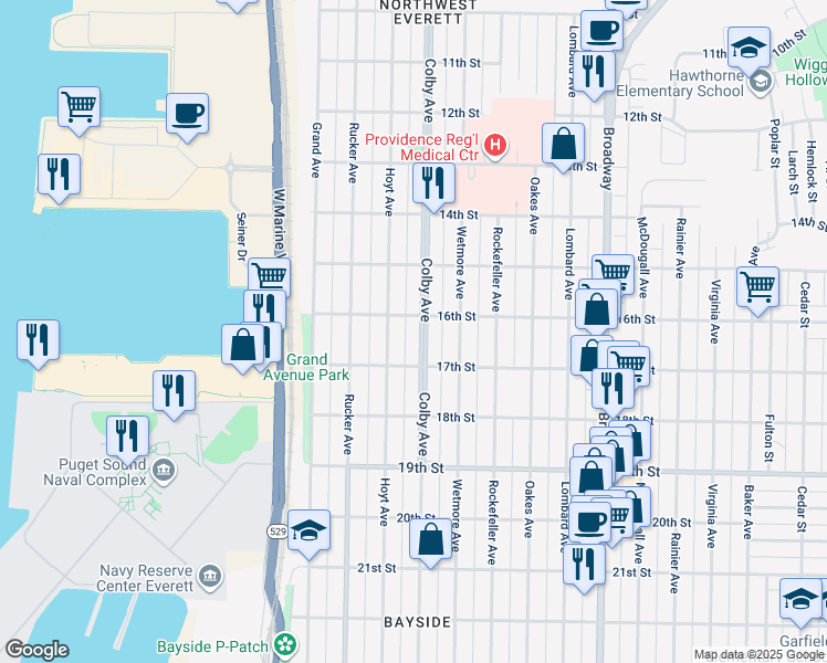 map of restaurants, bars, coffee shops, grocery stores, and more near 1625 Colby Avenue in Everett