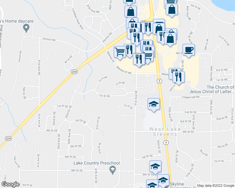 map of restaurants, bars, coffee shops, grocery stores, and more near 8903 1st Street Southeast in Lake Stevens