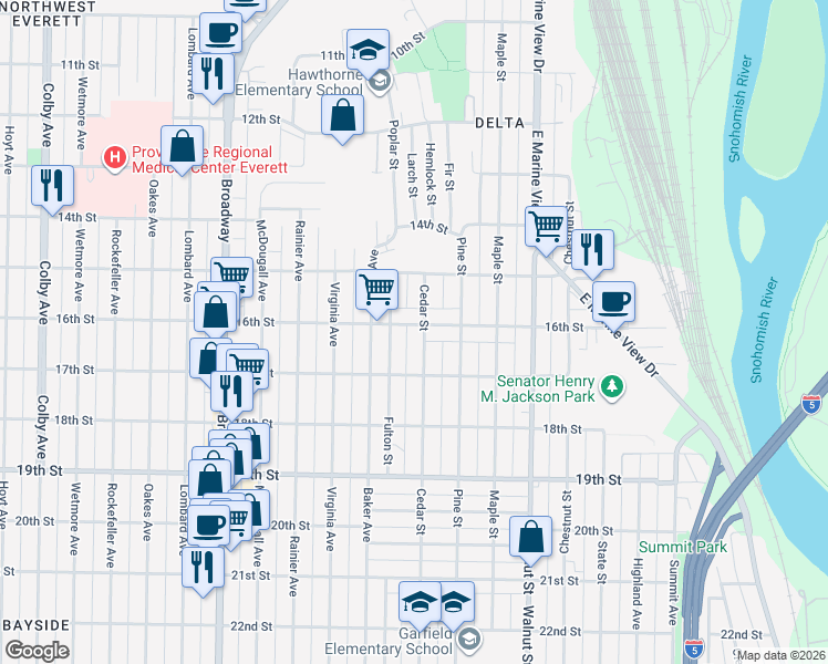 map of restaurants, bars, coffee shops, grocery stores, and more near 2716 16th Street in Everett