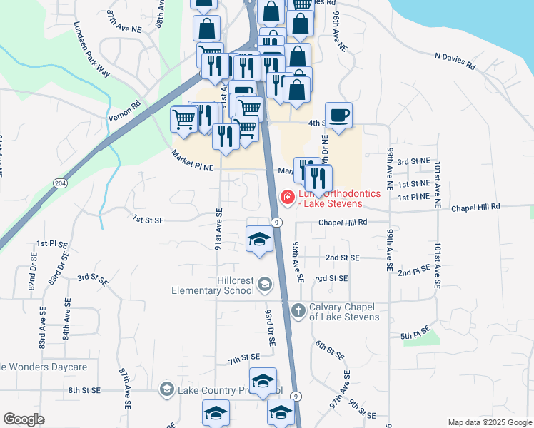 map of restaurants, bars, coffee shops, grocery stores, and more near 9232 1st Place Southeast in Lake Stevens