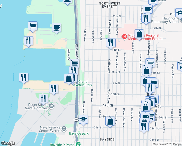 map of restaurants, bars, coffee shops, grocery stores, and more near 1521 Rucker Avenue in Everett