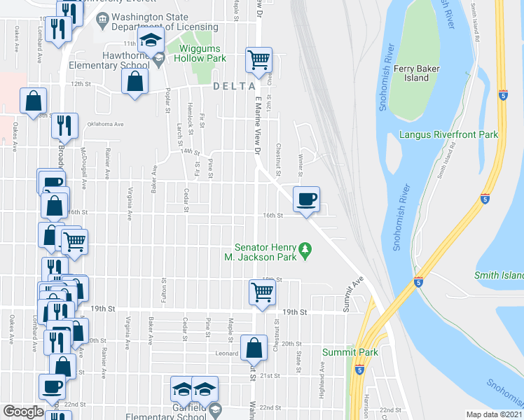 map of restaurants, bars, coffee shops, grocery stores, and more near 1517 Walnut Street in Everett