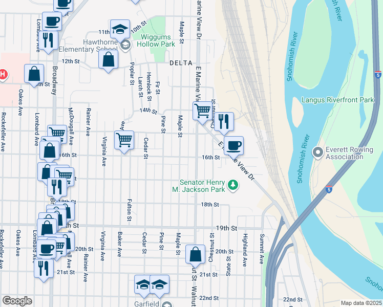 map of restaurants, bars, coffee shops, grocery stores, and more near 1509 Maple Street in Everett