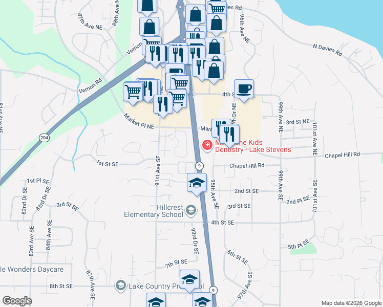 map of restaurants, bars, coffee shops, grocery stores, and more near 9210 Market Place in Lake Stevens