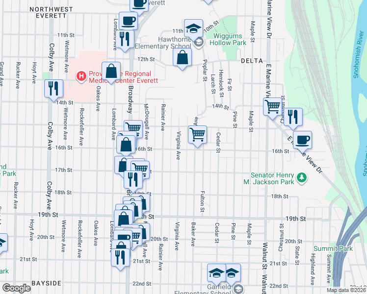 map of restaurants, bars, coffee shops, grocery stores, and more near 1531 Virginia Avenue in Everett