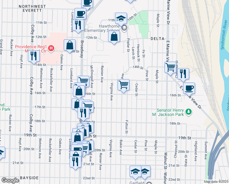 map of restaurants, bars, coffee shops, grocery stores, and more near 1516 Baker Avenue in Everett