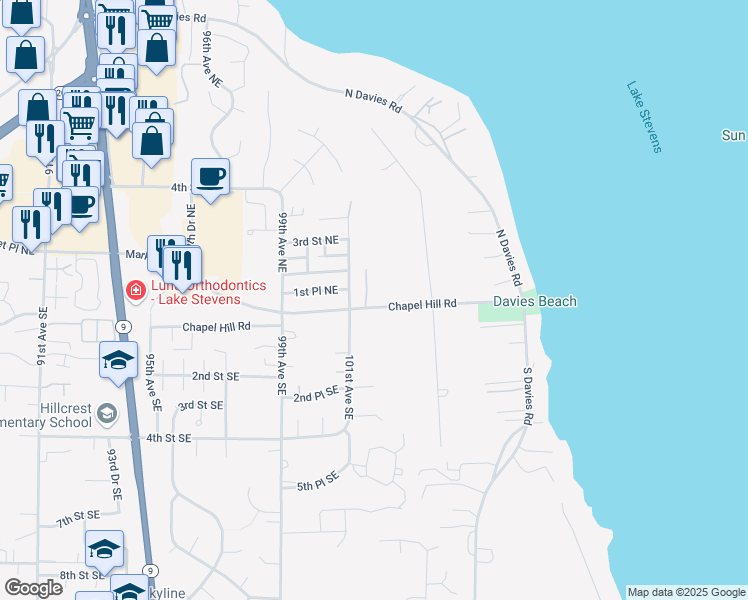 map of restaurants, bars, coffee shops, grocery stores, and more near 10131 Chapel Hill Road in Lake Stevens
