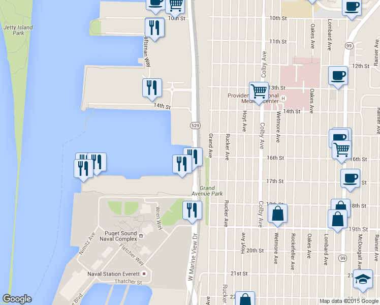 map of restaurants, bars, coffee shops, grocery stores, and more near 1720 West Marine View Drive in Everett
