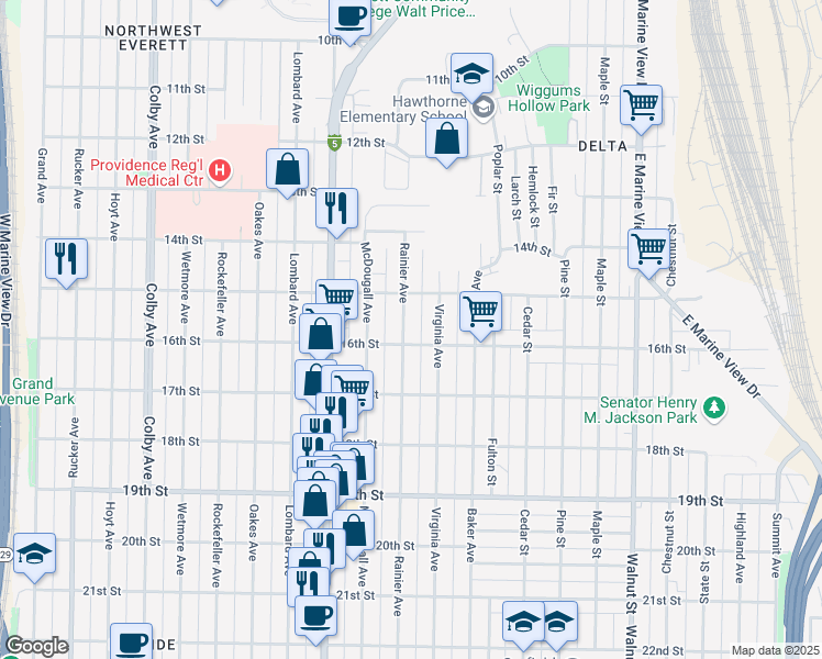 map of restaurants, bars, coffee shops, grocery stores, and more near 1527 Rainier Avenue in Everett