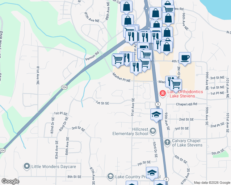 map of restaurants, bars, coffee shops, grocery stores, and more near 8920B 1st Street Northeast in Lake Stevens