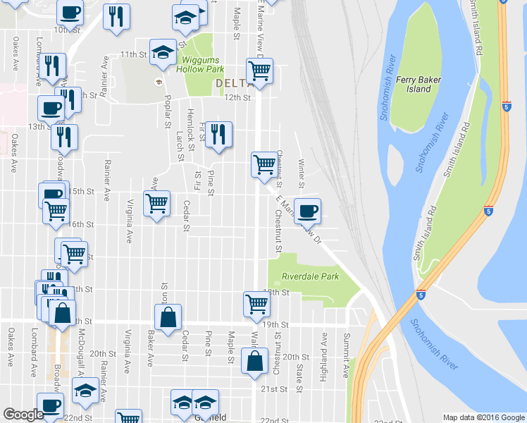 map of restaurants, bars, coffee shops, grocery stores, and more near 1517 Walnut Street in Everett