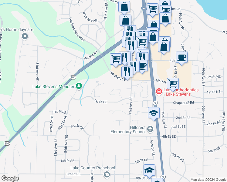 map of restaurants, bars, coffee shops, grocery stores, and more near 8827 1st Street Northeast in Lake Stevens