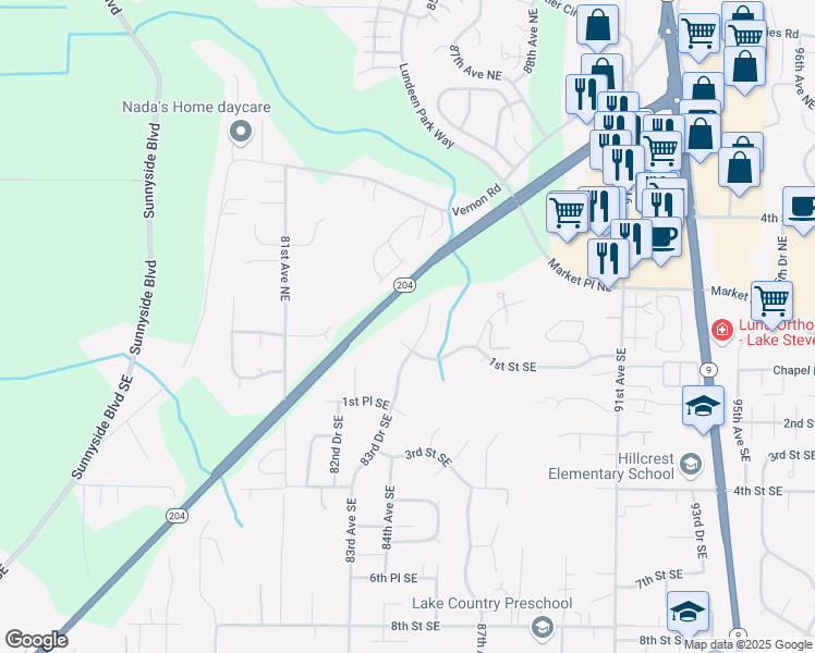 map of restaurants, bars, coffee shops, grocery stores, and more near 8225 1st Street Southeast in Lake Stevens