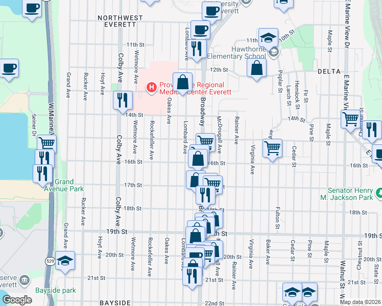 map of restaurants, bars, coffee shops, grocery stores, and more near 1515 Lombard Avenue in Everett