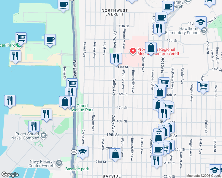 map of restaurants, bars, coffee shops, grocery stores, and more near 1522 Colby Avenue in Everett