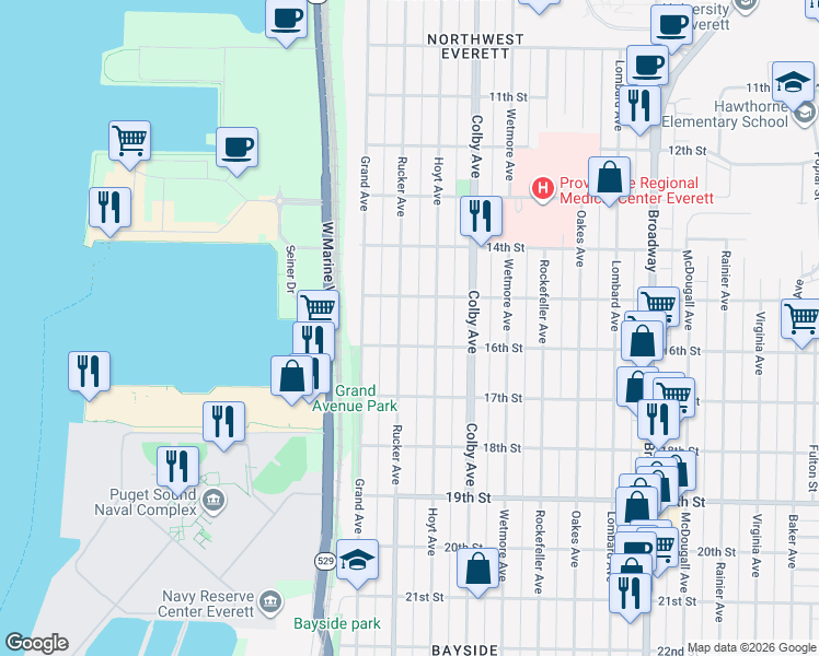map of restaurants, bars, coffee shops, grocery stores, and more near 1521 Rucker Avenue in Everett