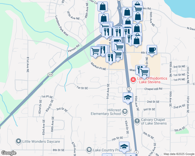 map of restaurants, bars, coffee shops, grocery stores, and more near 8920B 1st Street Northeast in Lake Stevens