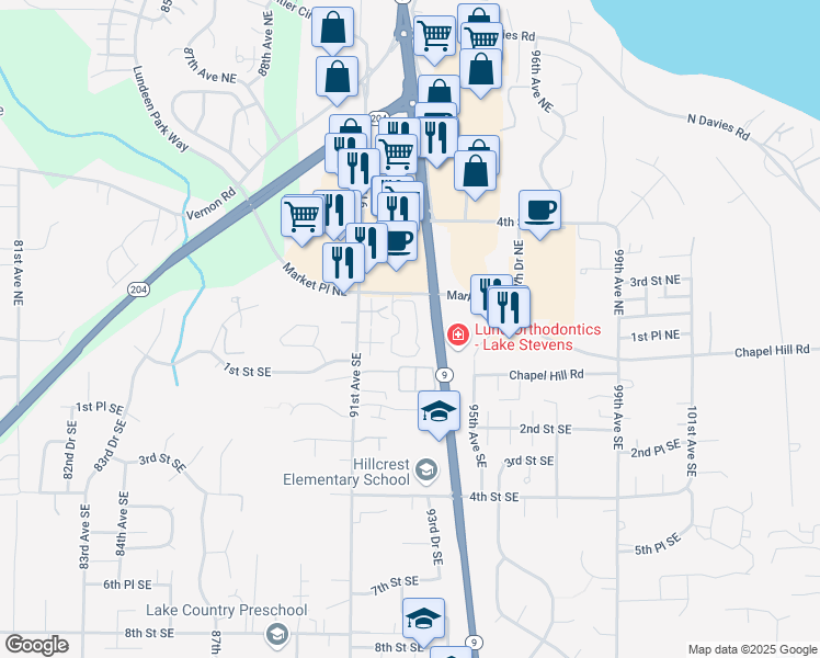 map of restaurants, bars, coffee shops, grocery stores, and more near 9210 Market Place in Lake Stevens