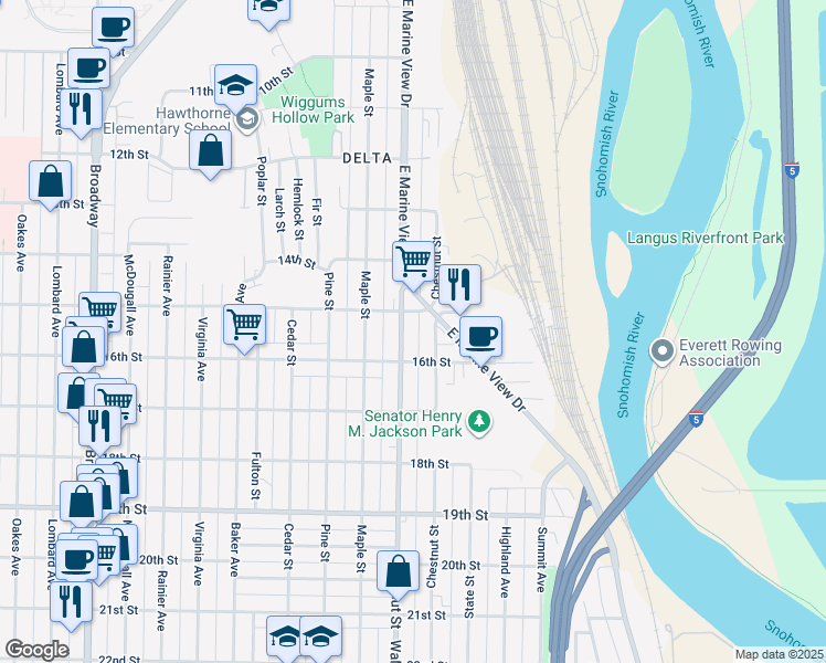 map of restaurants, bars, coffee shops, grocery stores, and more near 1517 Walnut Street in Everett