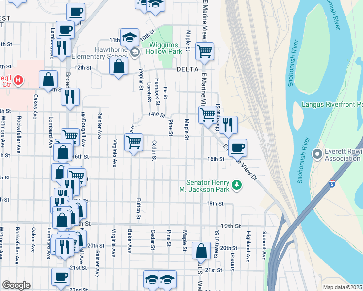 map of restaurants, bars, coffee shops, grocery stores, and more near 1515 Pine Street in Everett