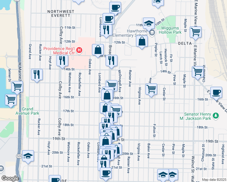 map of restaurants, bars, coffee shops, grocery stores, and more near 1517 Broadway in Everett