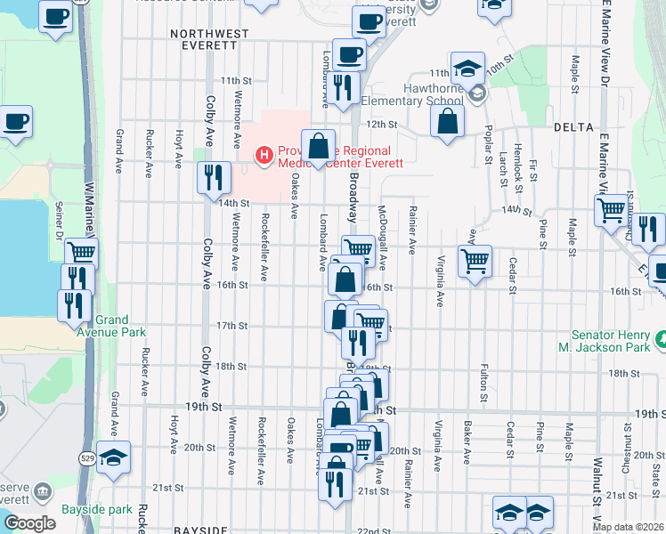 map of restaurants, bars, coffee shops, grocery stores, and more near 1515 Lombard Avenue in Everett