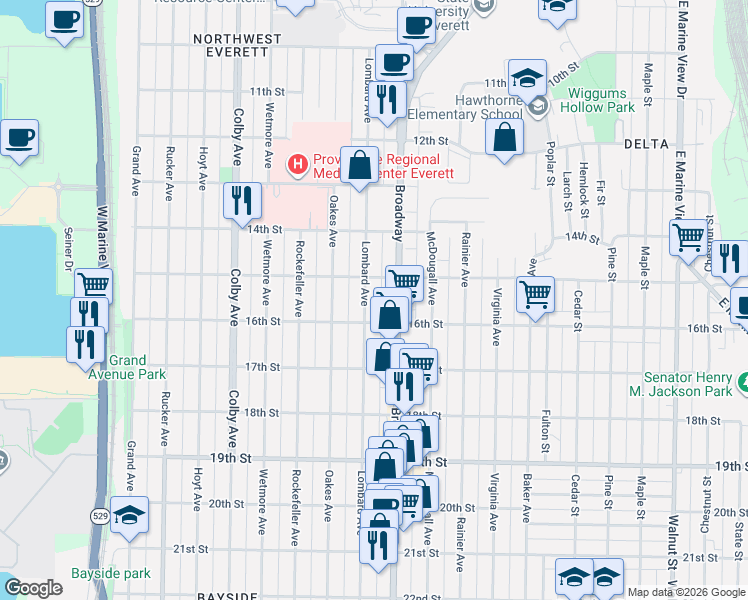 map of restaurants, bars, coffee shops, grocery stores, and more near 1515 Lombard Avenue in Everett