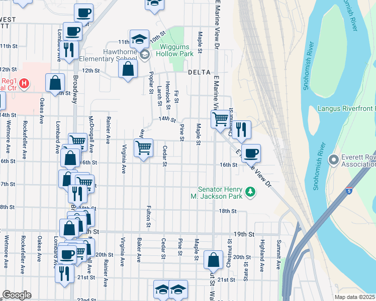 map of restaurants, bars, coffee shops, grocery stores, and more near 1515 Pine Street in Everett