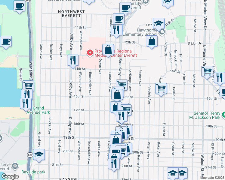 map of restaurants, bars, coffee shops, grocery stores, and more near 1515 Lombard Avenue in Everett