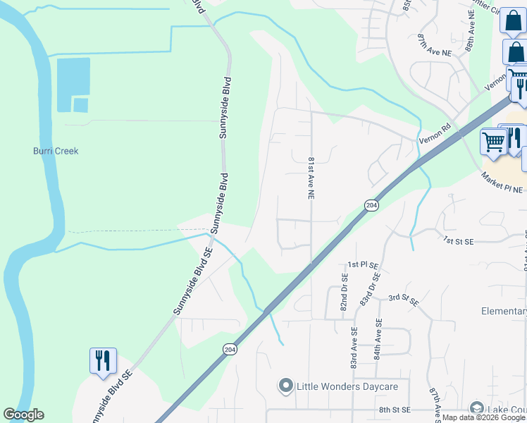 map of restaurants, bars, coffee shops, grocery stores, and more near 27 Vernon Road in Lake Stevens