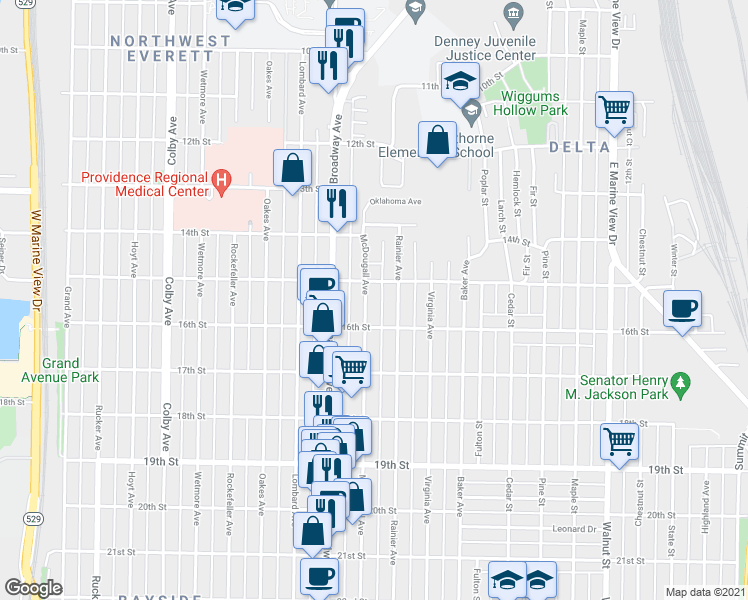 map of restaurants, bars, coffee shops, grocery stores, and more near 1517 McDougall Avenue in Everett