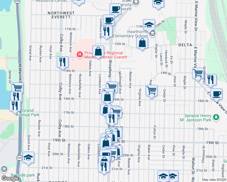 map of restaurants, bars, coffee shops, grocery stores, and more near 1517 Broadway in Everett