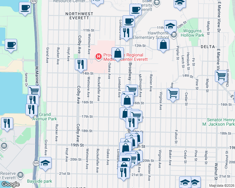 map of restaurants, bars, coffee shops, grocery stores, and more near 1514 Lombard Avenue in Everett