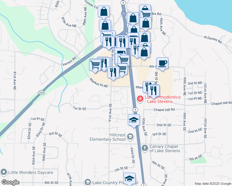 map of restaurants, bars, coffee shops, grocery stores, and more near 9126 1st Place Northeast in Lake Stevens